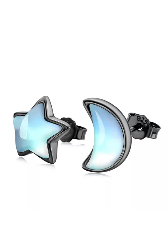 Star and Moon Moonstone Asymmetrical Stud Earrings Women Black Sterling Silver