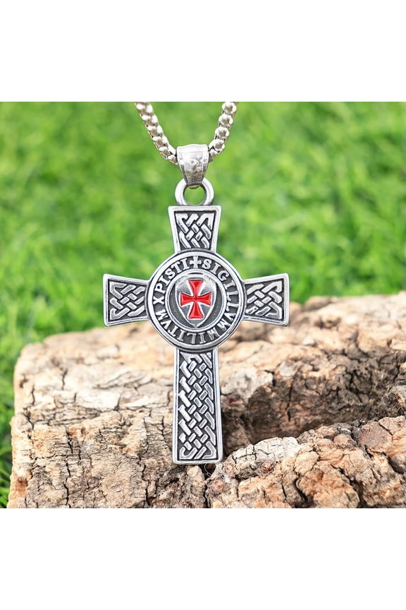 Street Fashion Vintage Viking Style Red Cross Stainless Steel Pendant Necklace-default