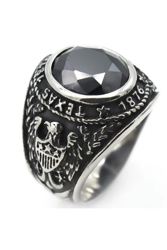 TEXAS 1876 UNIVERSITY RING STAINLESS STEEL BLACK AGATE EAGLE BIKER GOTHIC RING-7