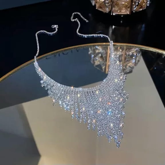 K-KED Tassel Shiny Inlaid Rhinestone Statement Necklace Luxury Fashion Party Jewelry