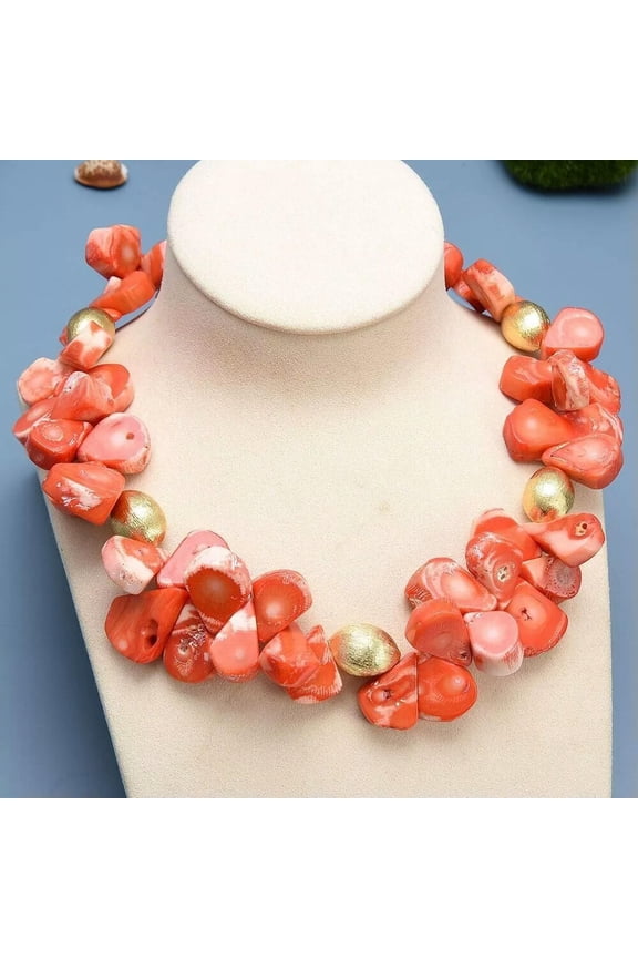 Teardrop Orange Coral Gold Plated Beads Choker Necklace Handmade For Women