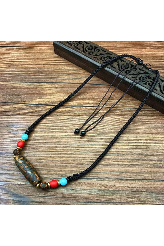 Tibetan Agate Bead Necklace with Nine Eye Beads Woven Rope for Men and Women-Old color