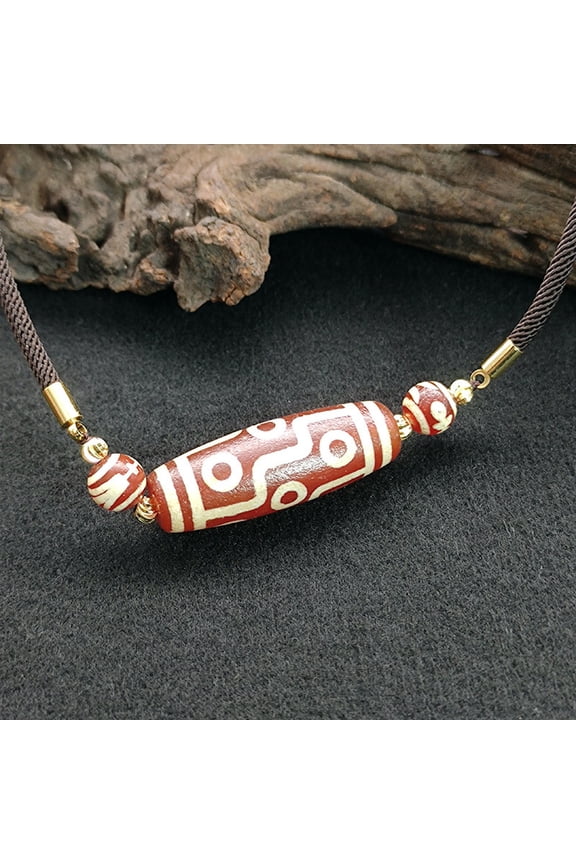 Tibetan Agate Nine Eyed Bead Clavicular Chain Multi Totem Necklace Collectibles-Red Nine Eyes 13 * 40mm