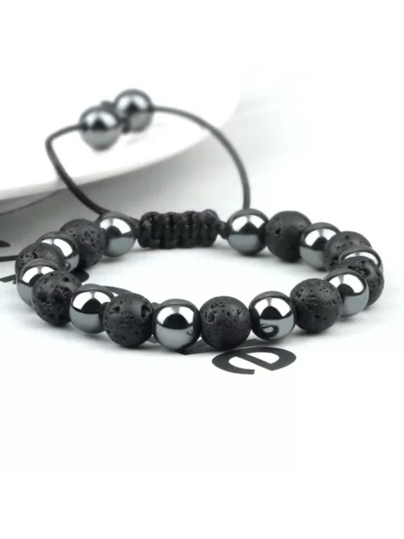 Tiger Eye Hematite Beads Adjustable Bracelet for Men Women Yoga Healing 8mm-Black Lava