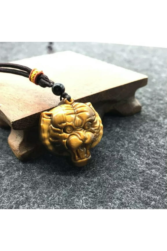 Tigers Eye Necklace Carved Tiger Head Healing Gemstone Amulet Jewelry