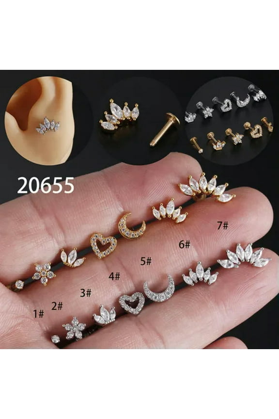 Tiny Crystal Tragus Helix Cartilage BAR Screw in Earring Flat Back Labret Monroe-3#-Gold