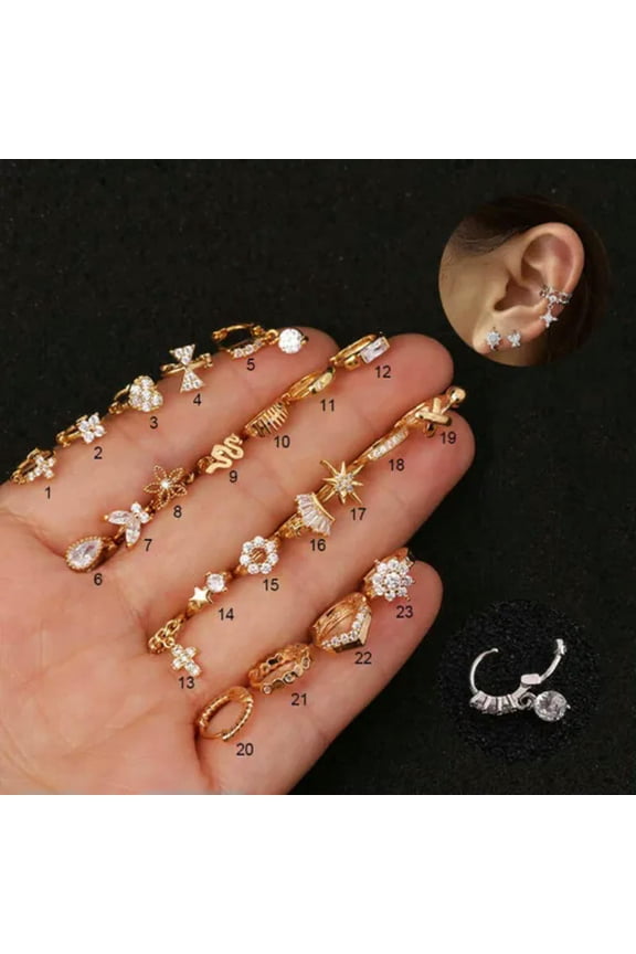 Tiny Helix Cartilage Tragus CZ Ear Piercing Huggie Hoop Earring Punk Jewellery-Gold-5# crystal drop