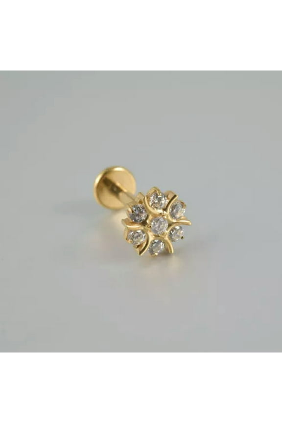Titanium Snowflake Studs Zircon Flat Back Labret Monroe Helix Earrings Piercing-Gold-16 g (1.2 mm)-8 mm