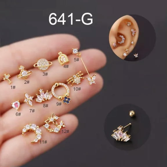 K-KED Tragus Helix Cartilage BAR Screw In Earring Flat Back Labret Monroe Crystal-1#-Gold