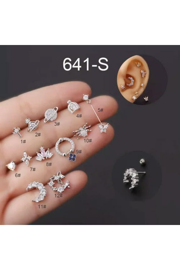 Tragus Helix Cartilage BAR Screw In Earring Flat Back Labret Monroe Crystal-1#-Silver