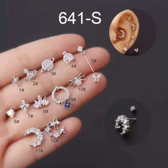 K-KED Tragus Helix Cartilage BAR Screw In Earring Flat Back Labret Monroe Crystal-7#-Silver