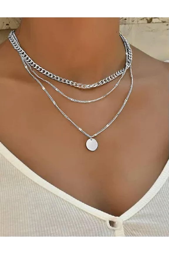 Triple Layer Chain Circle Pendant Necklace Layered Silver Buy One Get Two Free