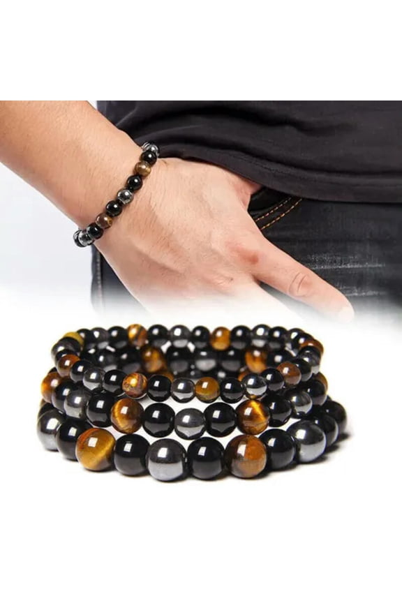Triple Protection Bracelet Natural Gemstone Bracelet Tiger Eye Hematite Obsidian-8 mm