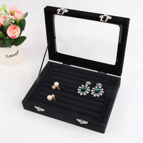 K-KED Velvet Ring Earring Delicate Jewelry Display Organizer Box Tray Holder Storage Case Gift-Black