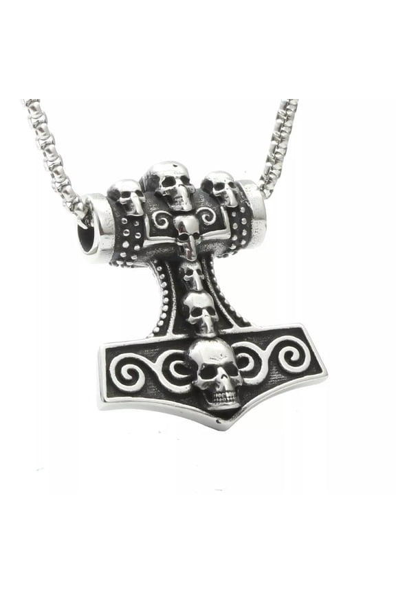 Viking Mens Thor's Hammer Necklace Mjolnir Skull Pendant Stainless Steel-default