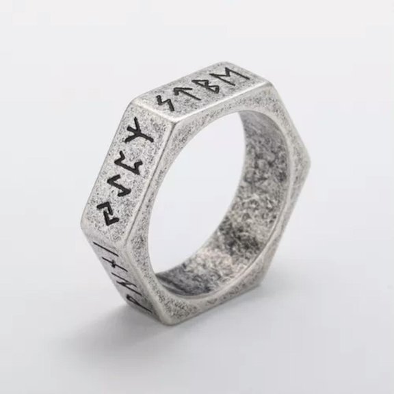 K-KED Viking Rune Screw Nut Men Women's Wedding Band Ring Stainless Steel Hexagon Ring-10-Retro Silver