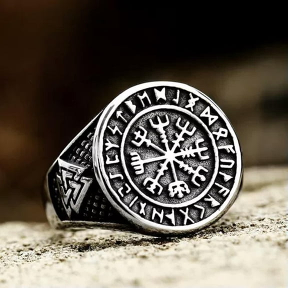 K-KED Viking Runes Compass Round Signet Ring Stainless Steel Vintage Biker Punk Ring-10