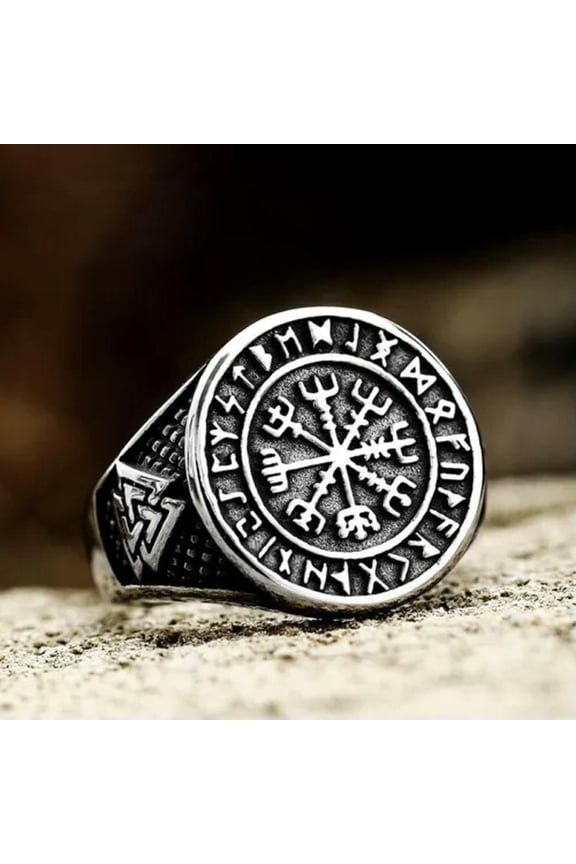 Viking Runes Compass Round Signet Ring Stainless Steel Vintage Biker Punk Ring-9