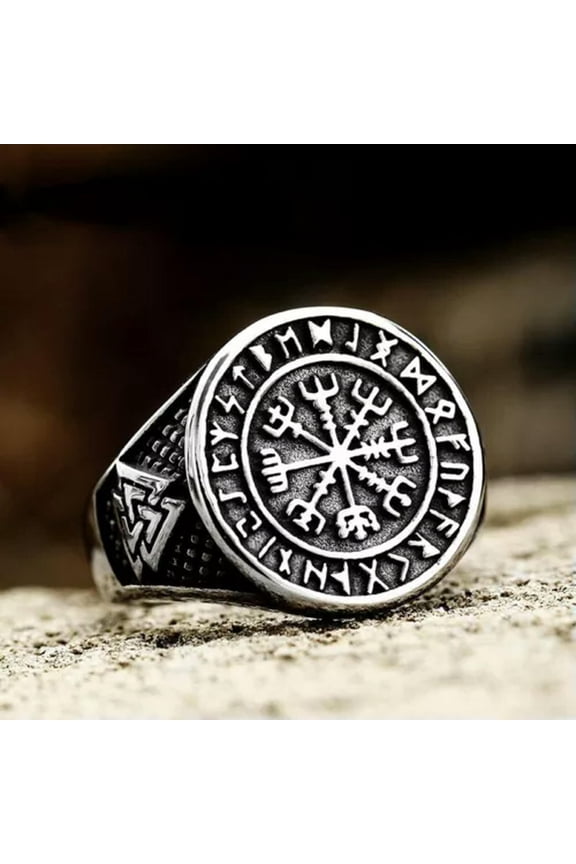 Viking Runes Helm Of Awe Ring Stainless Steel Men's Triangle Valknut Signet Ring-12