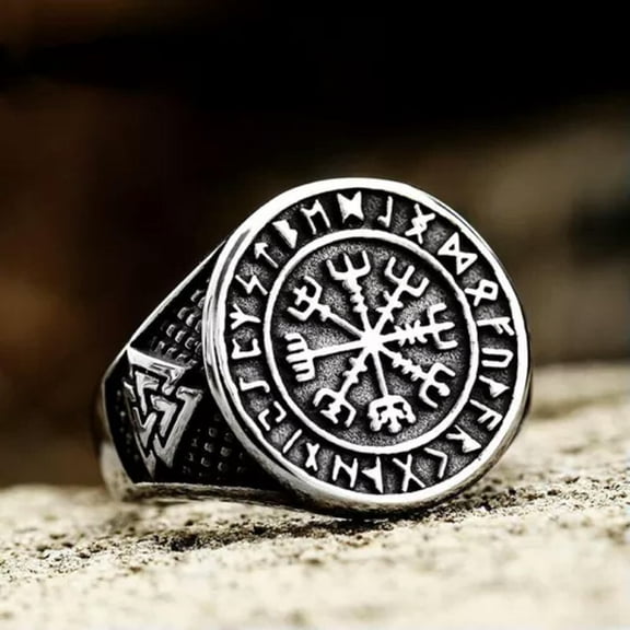 K-KED Viking Runes Helm Of Awe Ring Stainless Steel Men's Triangle Valknut Signet Ring-13