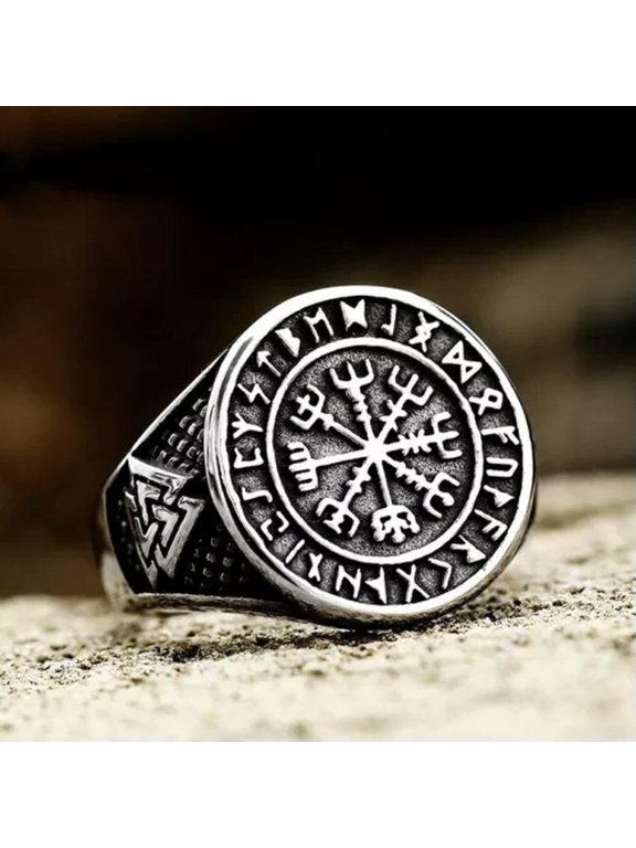 Viking Runes Helm Of Awe Ring Stainless Steel Men's Triangle Valknut Signet Ring-7