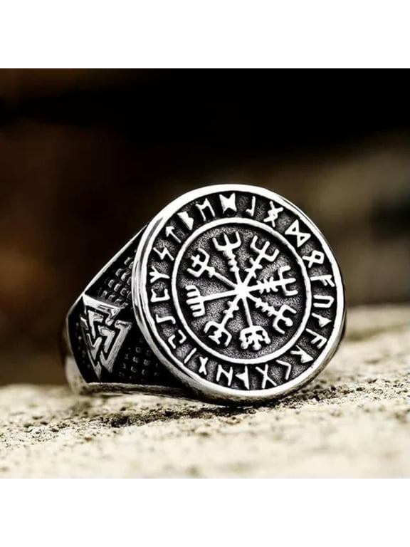 Viking Runes Helm Of Awe Ring Stainless Steel Men's Triangle Valknut Signet Ring-8