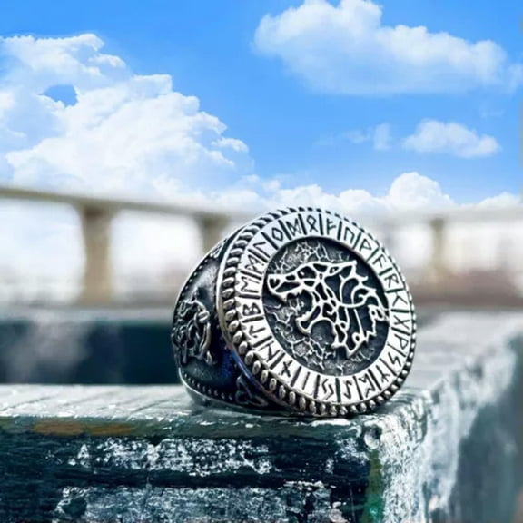 K-KED Viking Wolf Head Signet Ring Stainless Steel Men's Mystical Runes Amulet Ring-13