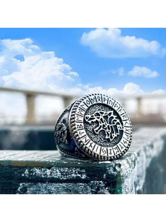 Viking Wolf Head Signet Ring Stainless Steel Men's Mystical Runes Amulet Ring-14