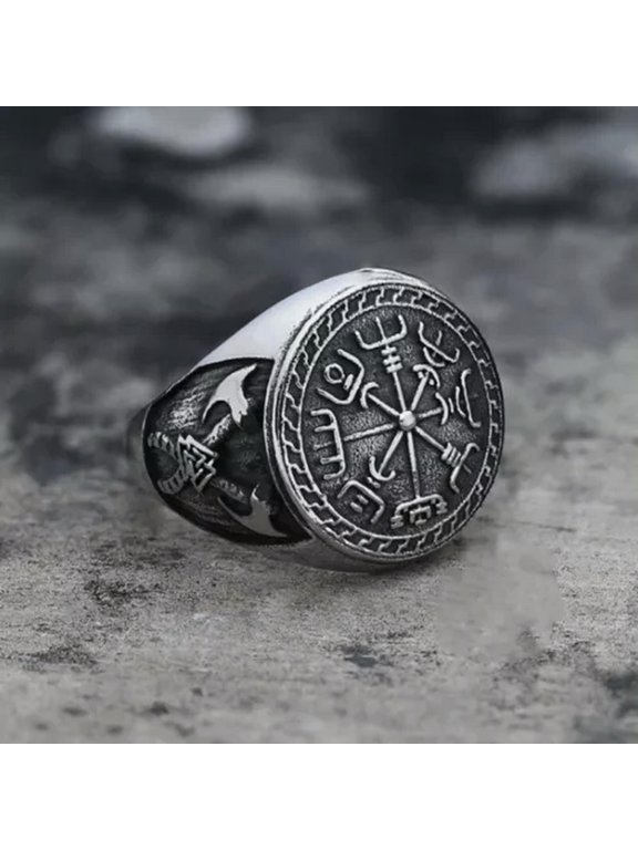 Viking's Cross Axes Compass Ring Men's Vintage Satinless Rings Punk Biker Band-13