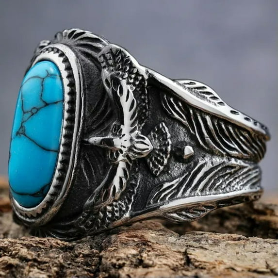 K-KED Vintage Blue Turquoise Eagle Indian Tribal Ring Stainless Steel Retro Biker Ring-8