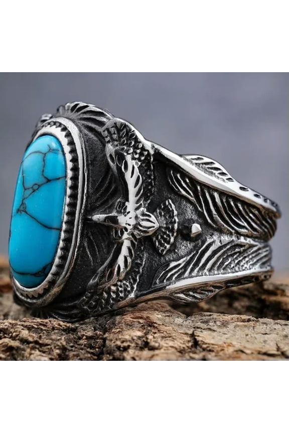 Vintage Blue Turquoise Eagle Indian Tribal Ring Stainless Steel Retro Biker Ring-9