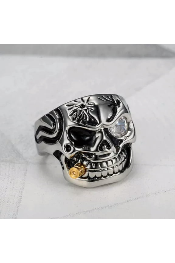 Vintage Classic Smoking Cigar Skull Ring Stainless Steel Gothic Men's Punk Ring-11