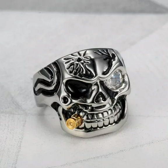 K-KED Vintage Classic Smoking Cigar Skull Ring Stainless Steel Gothic Men's Punk Ring-7