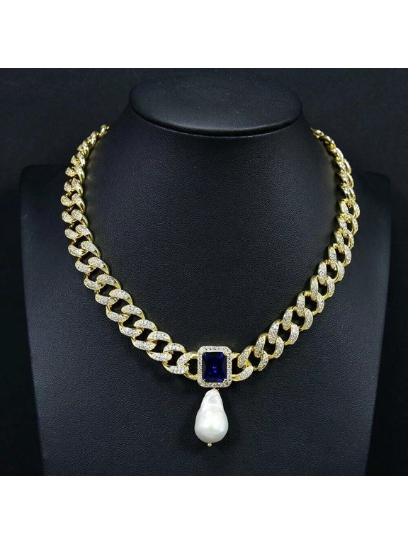 Vintage Colbalt Blue Cz Charm Cuban Chain Choker Necklace Keshi Pearl Pendant