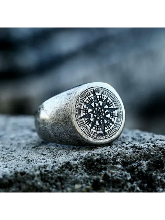 Vintage Compass Guiding Star Pattern Ring Stainless Steel Navigation Lucky Ring-7