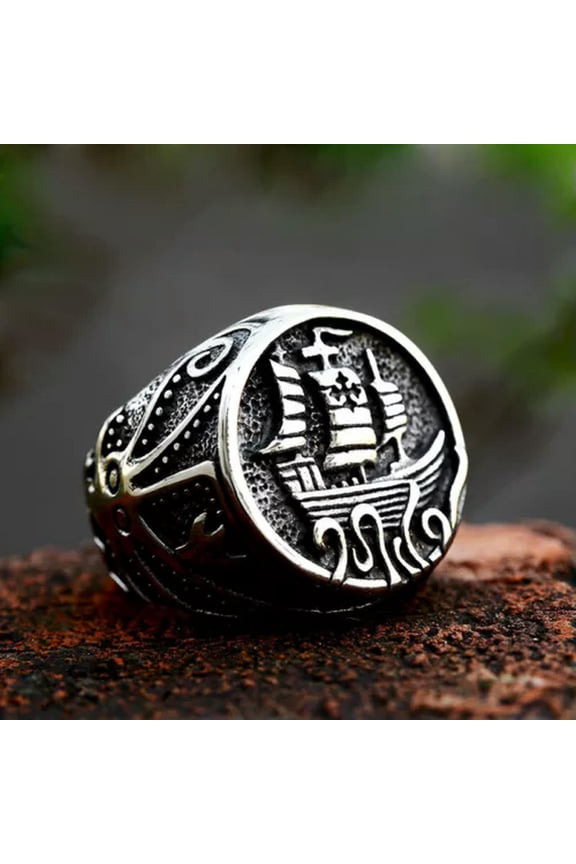Vintage Cross Sailing Boat Ring Stainless Steel Big Octopus Sailboat Retro Ring-11