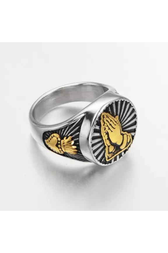 Vintage Crown Heart Praying Hands Ring Stainless Steel Lord's Prayer Signet Ring-10-Silver-gold