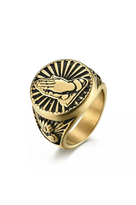 Vintage Crown Heart Praying Hands Ring Stainless Steel Lord's Prayer Signet Ring-12-Gold