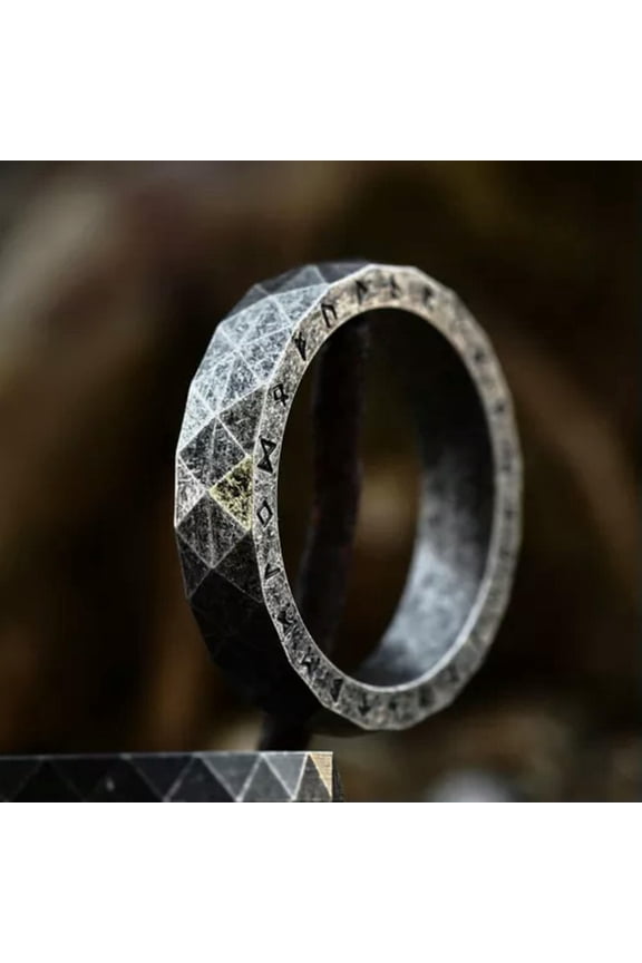 Vintage Diamond Faced Viking Wedding Ring Stainless Steel Viking Runes Band Ring-9-Silver