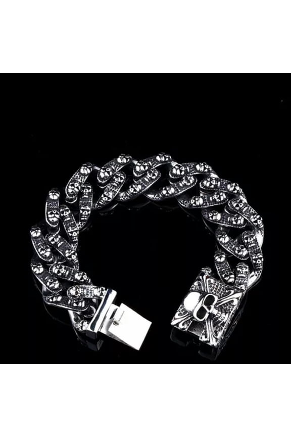 Vintage Domineering Skull Stainless Steel Men's Personalized Carved Bracelet-18.5cm