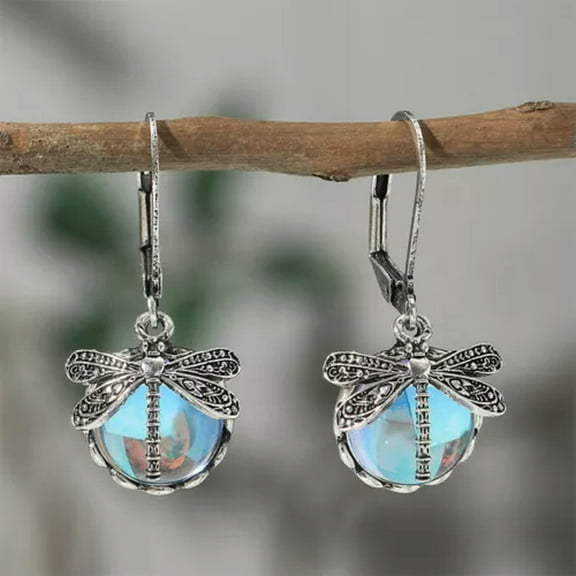 K-KED Vintage Dragonfly Crystal Moonstone Hook Dangle Earrings For Women Party Jewelry-Sky Blue