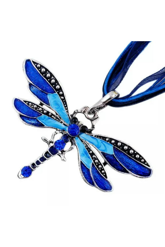 Vintage Dragonfly Pendant Necklace 925 Silver Chain Turquoise Women Jewelry-Blue