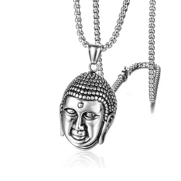 K-KED Vintage Gold and Silver Buddha Pendant Necklace Amulet Head Stainless Steel-Silver