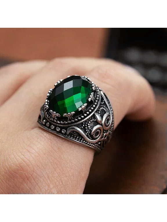 Vintage Green Oval CZ Men's Wedding Ring Stainless Steel Classic Signet Ring-7