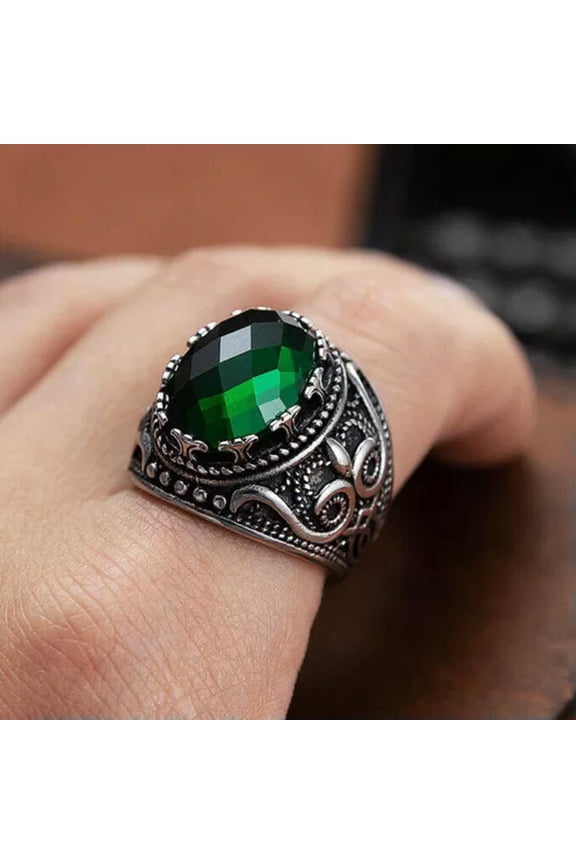 Vintage Green Oval CZ Men's Wedding Ring Stainless Steel Classic Signet Ring-9