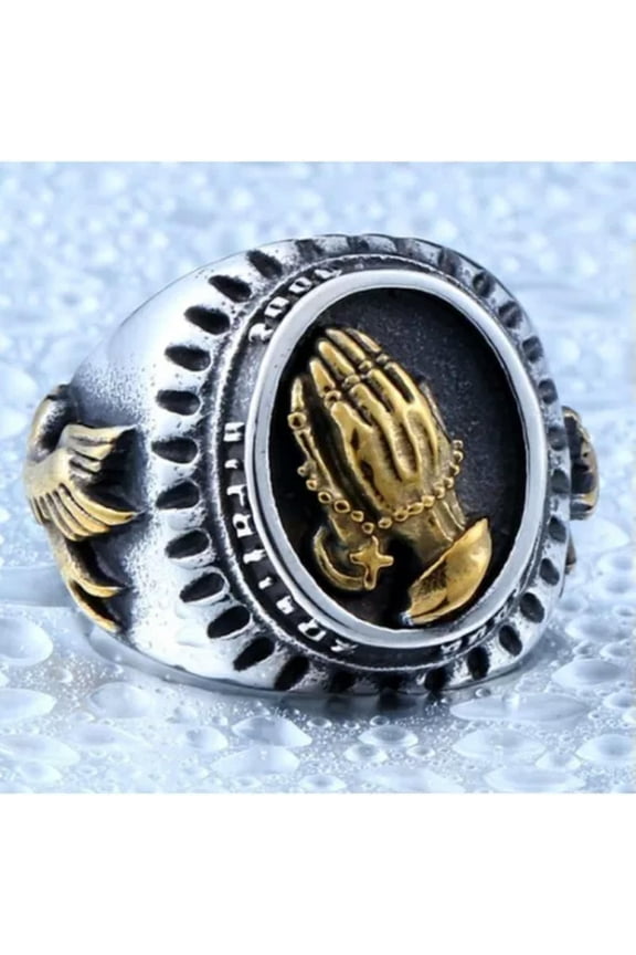 Vintage Lord's Prayer Praying Hands Ring Stainless Steel Cross Angels Dove Ring-11