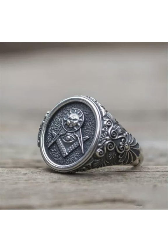 Vintage Mason Ring Men's Alloy Metal Free Masonic Round Signet Ring Punk Biker-10
