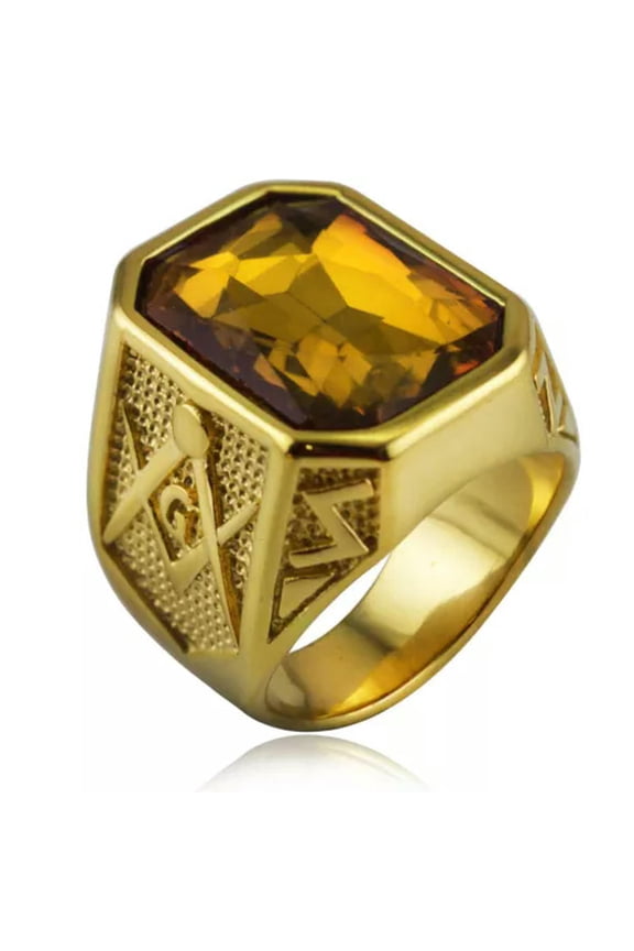 Vintage Masonic CZ Stone Wedding Ring Stainless Steel Retro Biker Signet Ring-10-Amber