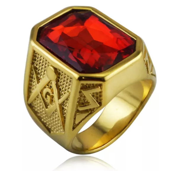 K-KED Vintage Masonic CZ Stone Wedding Ring Stainless Steel Retro Biker Signet Ring-13-Red