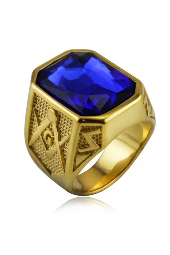 Vintage Masonic CZ Stone Wedding Ring Stainless Steel Retro Biker Signet Ring-9-Blue